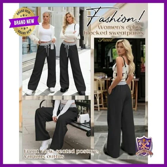 Wide Leg Track Pants with Color Block Waistband, Low Rise Sweatpants, Y2K - Picture 4 of 6